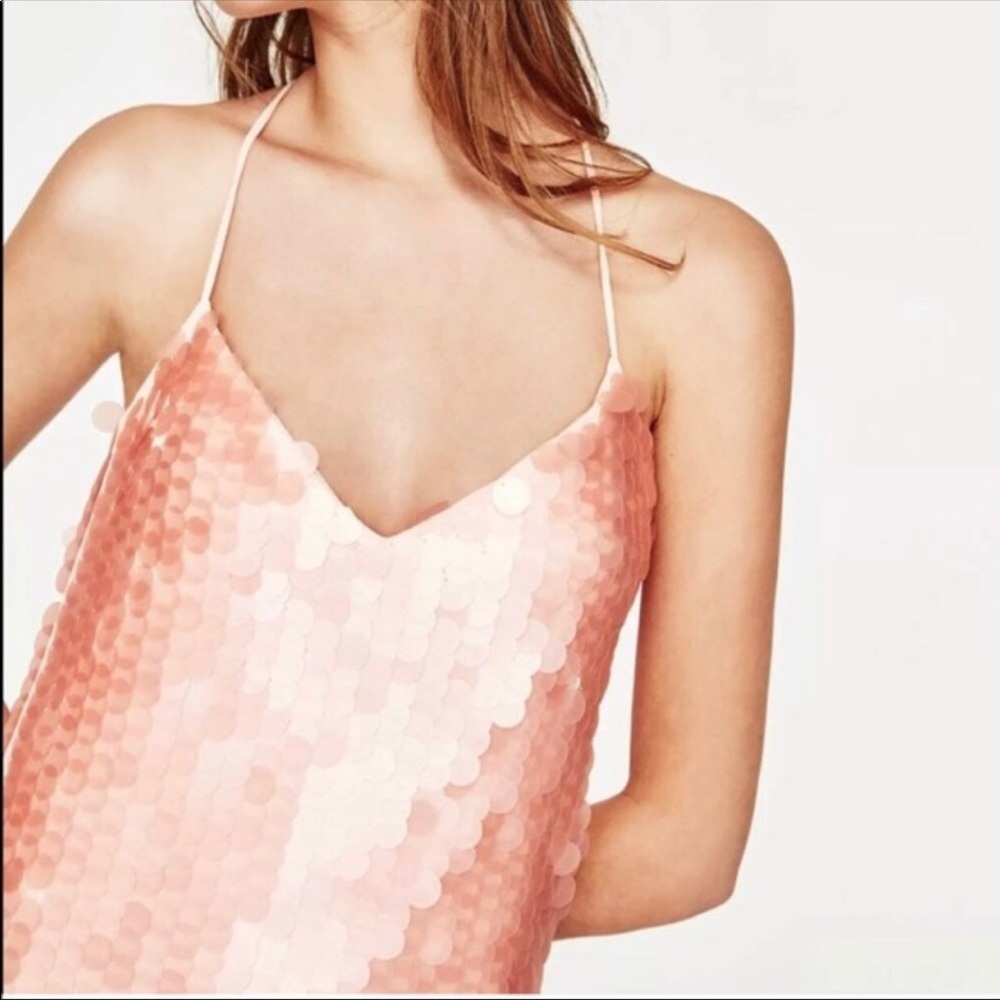 NWT Zara Coral Sequin T back Tank Mini Dress